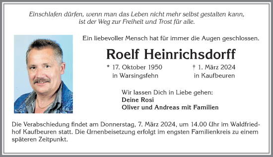 Traueranzeige von Roelf Heinrichsdorff von Allgäuer Zeitung, Kaufbeuren/Buchloe