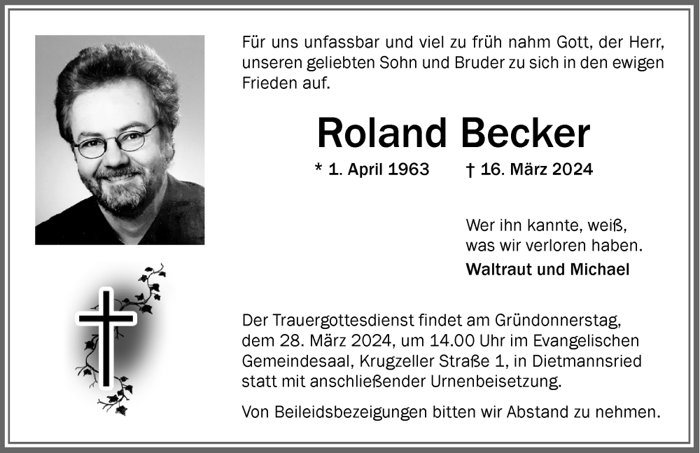  Traueranzeige für Roland Becker vom 23.03.2024 aus Allgäuer Zeitung,Kempten