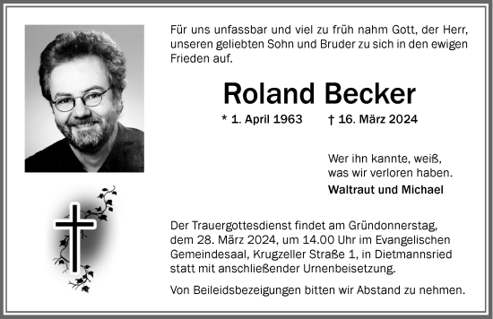 Traueranzeige von Roland Becker von Allgäuer Zeitung,Kempten