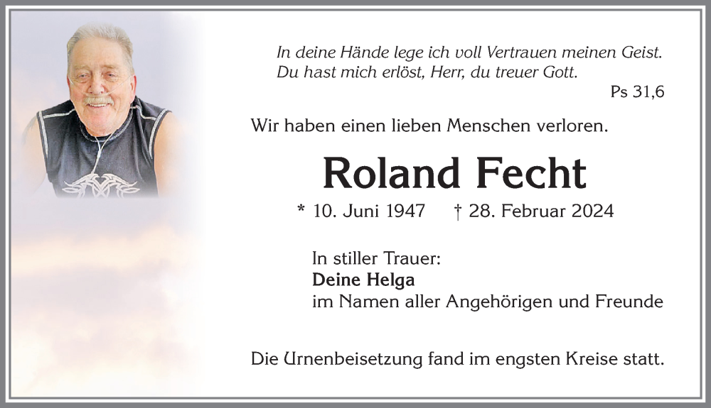  Traueranzeige für Roland Fecht vom 16.03.2024 aus Allgäuer Zeitung,Kempten