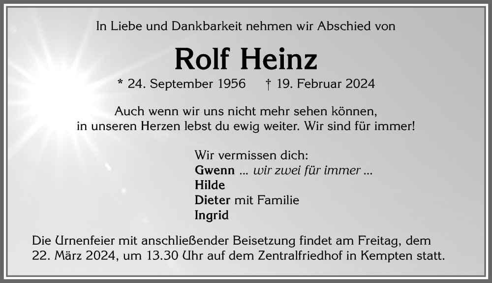  Traueranzeige für Rolf Heinz vom 16.03.2024 aus Allgäuer Anzeigeblatt