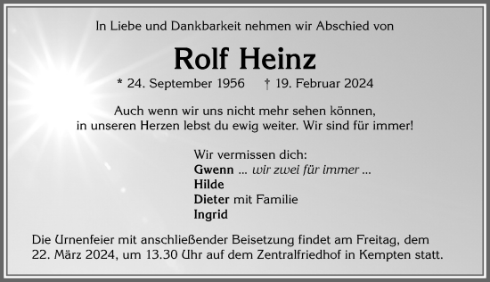 Traueranzeige von Rolf Heinz von Allgäuer Anzeigeblatt