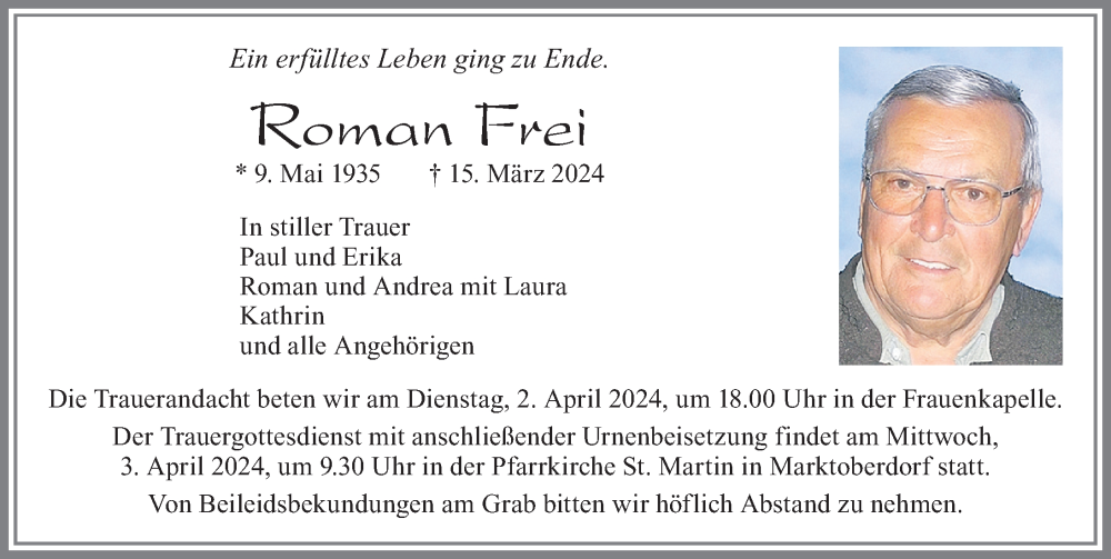  Traueranzeige für Roman Frei vom 30.03.2024 aus Allgäuer Zeitung, Marktoberdorf