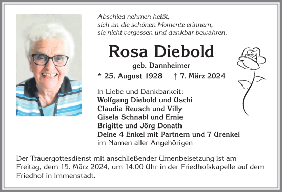Traueranzeige von Rosa Diebold von Allgäuer Anzeigeblatt