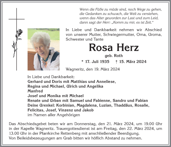 Traueranzeige von Rosa Herz von Allgäuer Anzeigeblatt