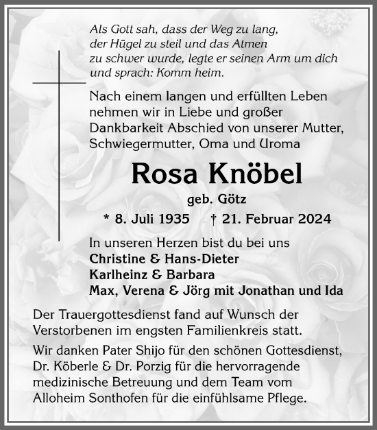 Traueranzeige von Rosa Knöbel von Allgäuer Anzeigeblatt