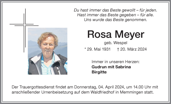 Traueranzeige von Rosa Meyer von Memminger Zeitung