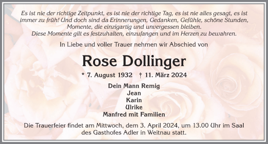 Traueranzeige von Rose Dollinger von Allgäuer Zeitung,Kempten