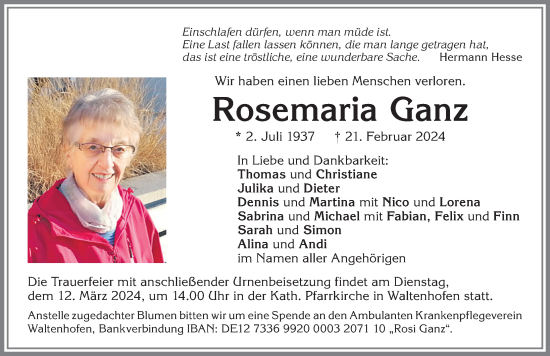 Traueranzeige von Rosemaria Ganz von Allgäuer Zeitung,Kempten