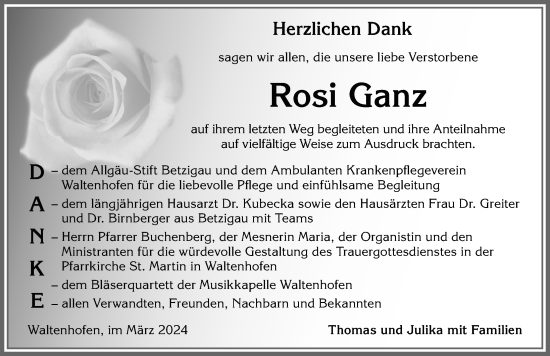 Traueranzeige von Rosi Ganz von Allgäuer Zeitung,Kempten