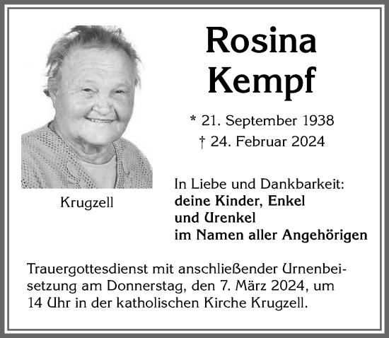 Traueranzeige von Rosina Kempf von Allgäuer Zeitung,Kempten