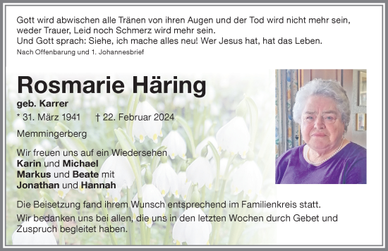 Traueranzeige von Rosmarie Häring von Memminger Zeitung