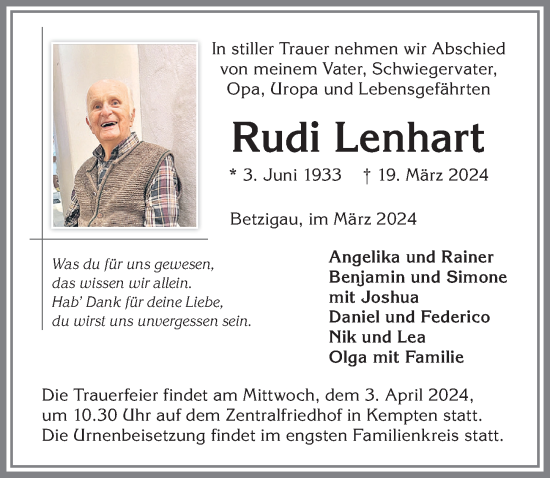 Traueranzeige von Rudi Lenhart von Allgäuer Zeitung,Kempten