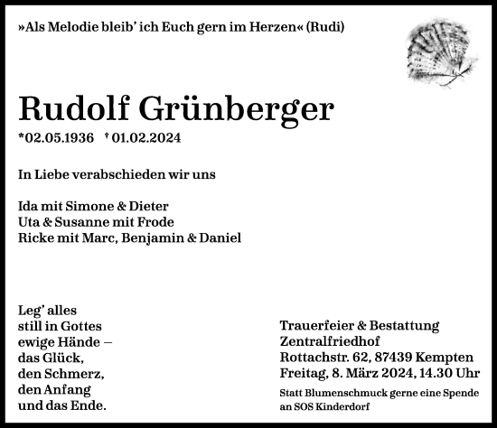 Traueranzeige von Rudolf Grünberger von Allgäuer Anzeigeblatt