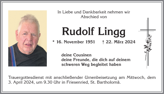 Traueranzeige von Rudolf Lingg von Allgäuer Zeitung, Kaufbeuren/Buchloe