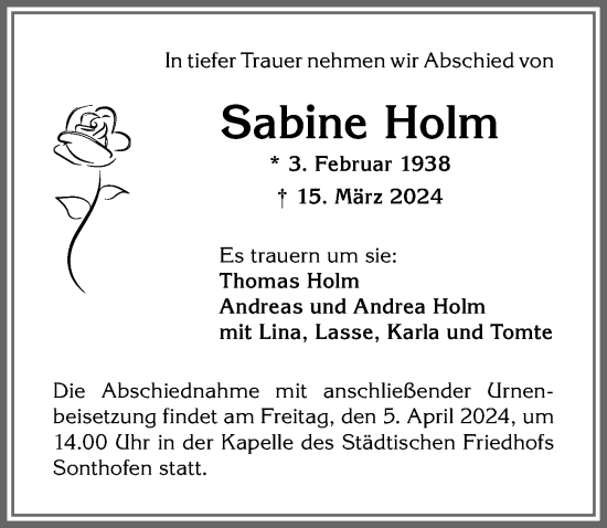 Traueranzeige von Sabine Holm von Allgäuer Anzeigeblatt