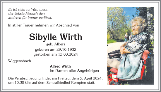 Traueranzeige von Sibylle Wirth von Allgäuer Zeitung,Kempten