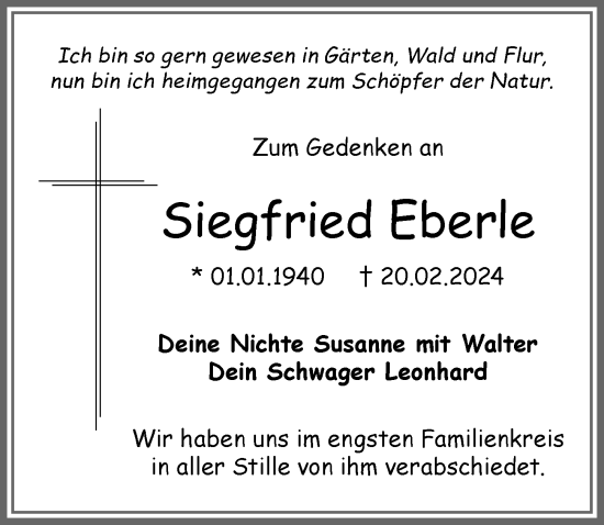 Traueranzeige von Siegfried Eberle von Allgäuer Zeitung,Kempten