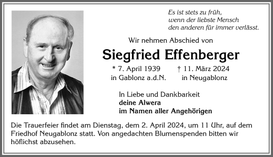 Traueranzeige von Siegfried Effenberger von Allgäuer Zeitung, Kaufbeuren/Buchloe