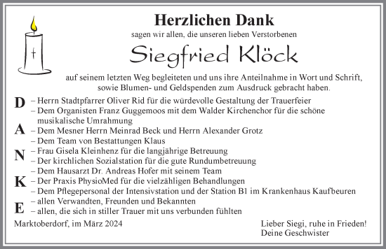 Traueranzeige von Siegfried Klöck von Allgäuer Zeitung, Marktoberdorf