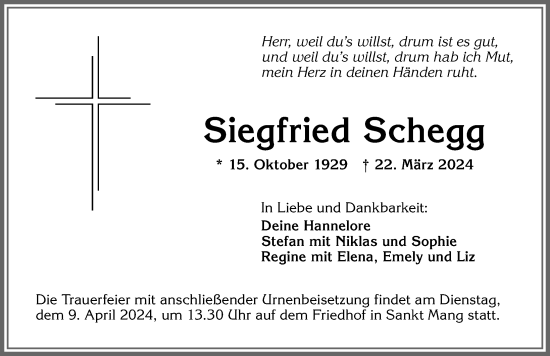 Traueranzeige von Siegfried Schegg von Allgäuer Zeitung,Kempten