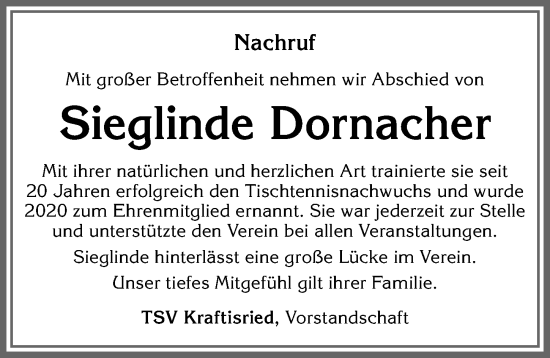 Traueranzeige von Sieglinde Dornacher von Allgäuer Zeitung, Marktoberdorf