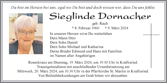 Traueranzeige von Sieglinde Dornacher von Allgäuer Zeitung, Marktoberdorf