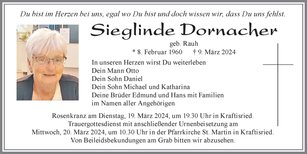  Traueranzeige für Sieglinde Dornacher vom 16.03.2024 aus Allgäuer Zeitung, Marktoberdorf