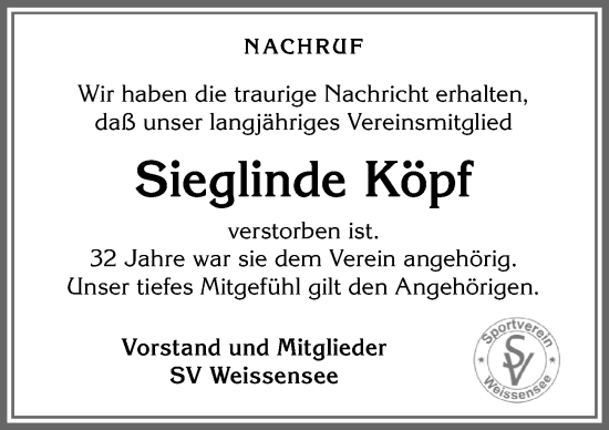 Traueranzeige von Sieglinde Köpf von Allgäuer Zeitung, Füssen