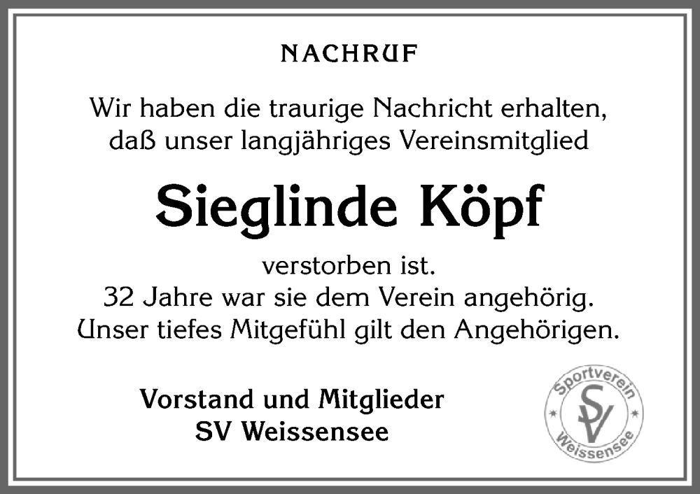  Traueranzeige für Sieglinde Köpf vom 01.03.2024 aus Allgäuer Zeitung, Füssen