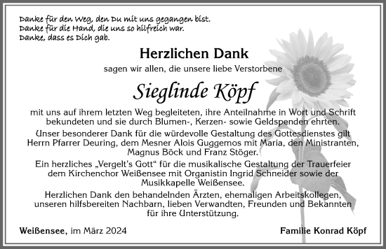 Traueranzeige von Sieglinde Köpf von Allgäuer Zeitung, Füssen