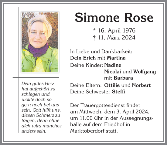 Traueranzeige von Simone Rose von Allgäuer Zeitung, Kaufbeuren/Buchloe