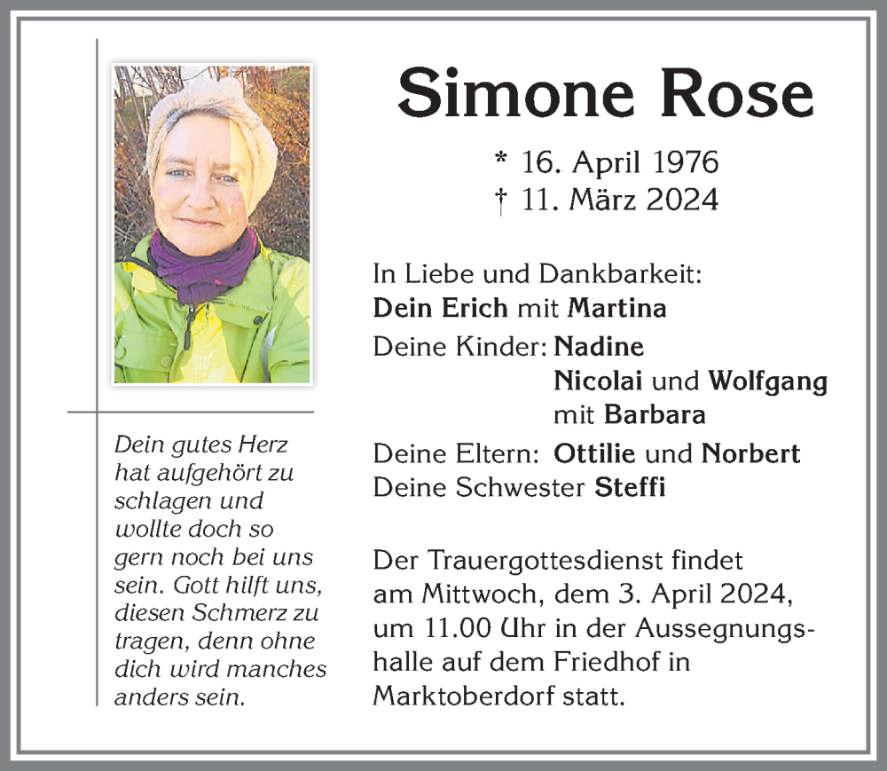  Traueranzeige für Simone Rose vom 23.03.2024 aus Allgäuer Zeitung, Kaufbeuren/Buchloe