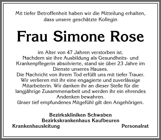 Traueranzeige von Simone Rose von Allgäuer Zeitung, Kaufbeuren/Buchloe