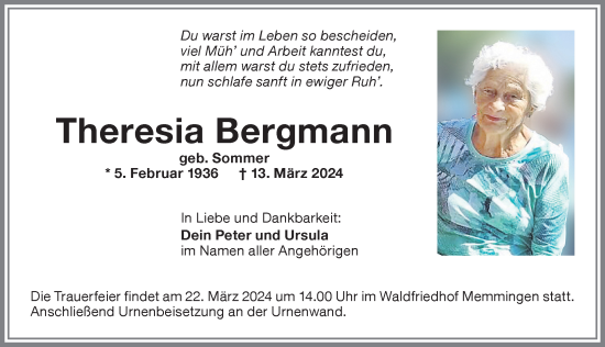 Traueranzeige von Theresia Bergmann von Memminger Zeitung