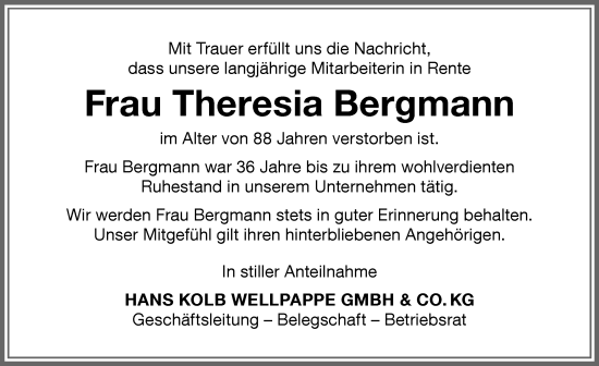 Traueranzeige von Theresia Bergmann von Memminger Zeitung