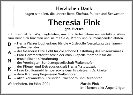 Traueranzeige von Theresia Fink von Allgäuer Anzeigeblatt