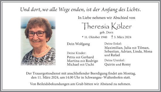 Traueranzeige von Theresia Kölzer von Allgäuer Zeitung, Füssen