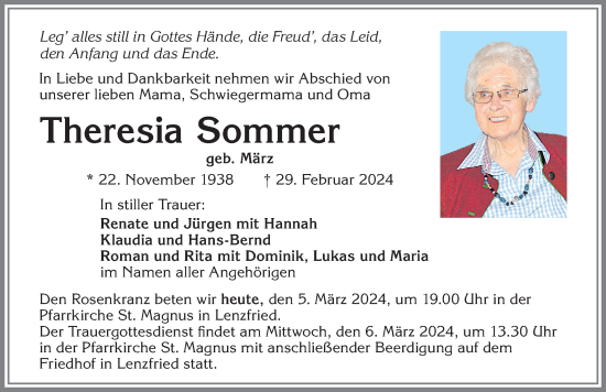 Traueranzeige von Theresia Sommer von Allgäuer Zeitung,Kempten