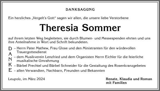 Traueranzeige von Theresia Sommer von Allgäuer Zeitung,Kempten