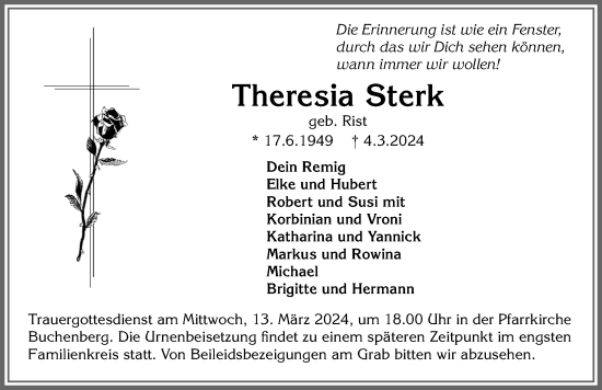 Traueranzeige von Theresia Sterk von Allgäuer Zeitung,Kempten