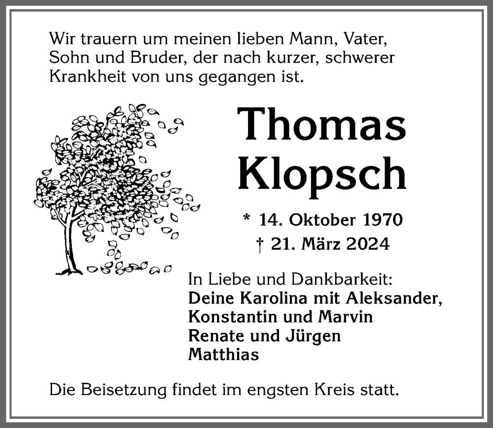  Traueranzeige für Thomas Klopsch vom 30.03.2024 aus Allgäuer Zeitung,Kempten