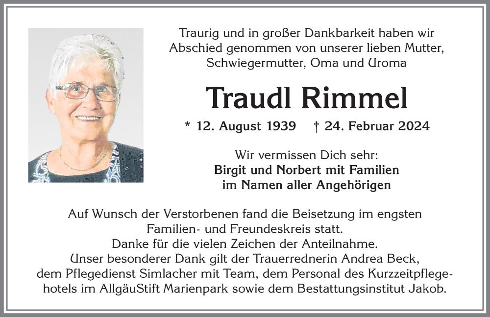  Traueranzeige für Traudl Rimmel vom 16.03.2024 aus Allgäuer Zeitung,Kempten
