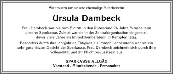 Traueranzeige von Ursula Dambeck von Allgäuer Zeitung,Kempten