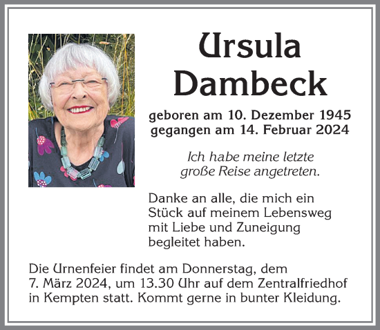Traueranzeige von Ursula Dambeck von Allgäuer Zeitung,Kempten
