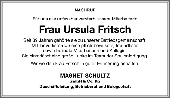Traueranzeige von Ursula Fritsch von Memminger Zeitung