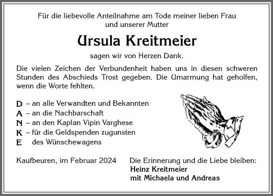 Traueranzeige von Ursula Kreitmeier von Allgäuer Zeitung, Kaufbeuren/Buchloe