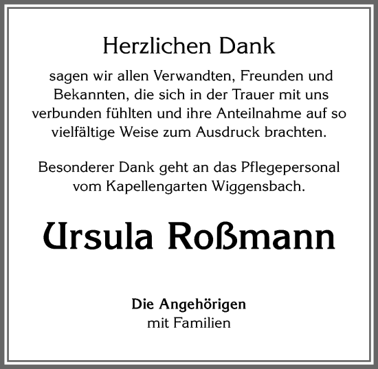 Traueranzeige von Ursula Roßmann von Allgäuer Zeitung,Kempten