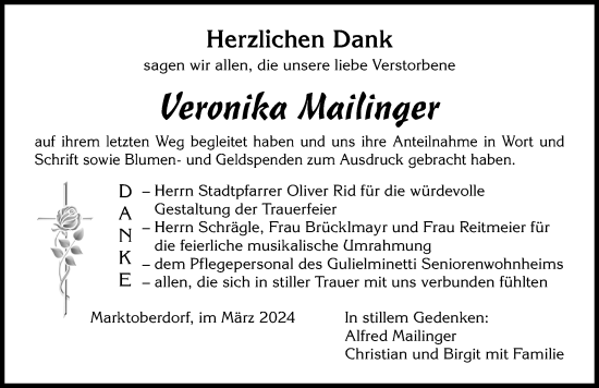 Traueranzeige von Veronika Mailinger von Allgäuer Zeitung, Marktoberdorf