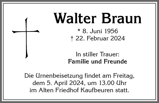 Traueranzeige von Walter Braun von Allgäuer Zeitung, Kaufbeuren/Buchloe